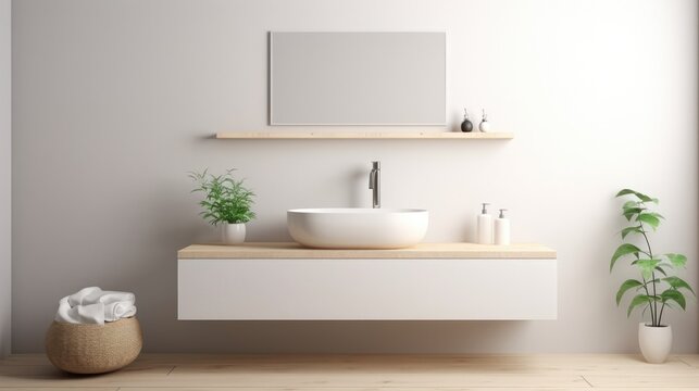 Wall mounted vanity with white ceramic vessel sink. Interior design of modern scandinavian bathroom