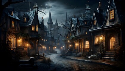 Halloween night scene with haunted house and moonlight in dark forest