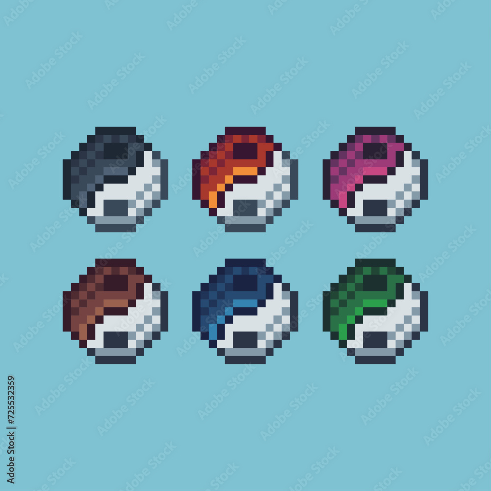 Poster pixel art sets icon of yin yang variation color. lunar yin yang icon on pixelated style. 8bits perfe