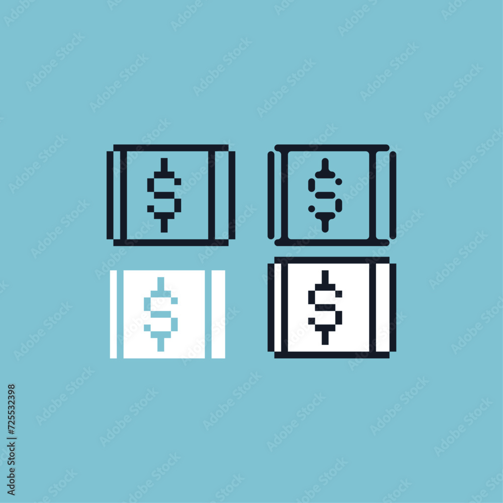 Poster pixel art outline sets icon of money paper variation color.dollar paper icon on pixelated style. 8bi