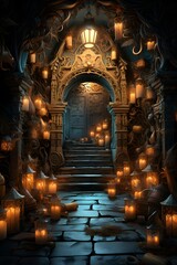 3D Illustration of a Fantasy Temple with Candles in the Dark