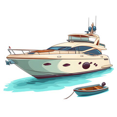 A luxury yacht next to a small fishing boat isolated on white background, cartoon style, png
