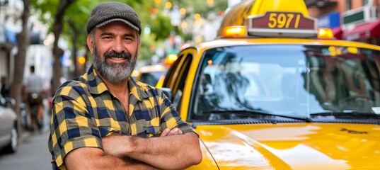 Smiling bearded male taxi driver standing by his cab with copy space for text placement