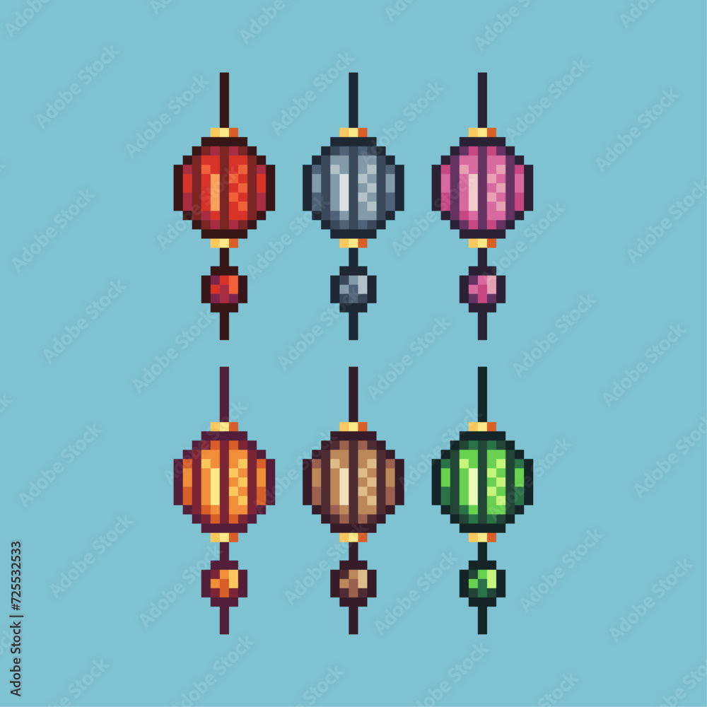 Poster pixel art sets icon of lunar lantern variation color. lantern icon on pixelated style. 8bits perfect
