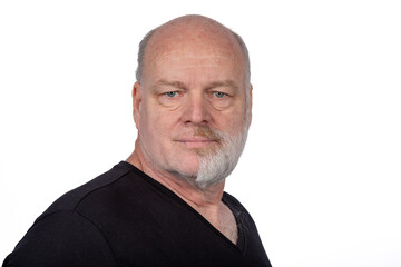 Focused Middle-Aged Man with Half Shaved Beard in Stylish Black T-Shirt - Confident Portrait on White Background