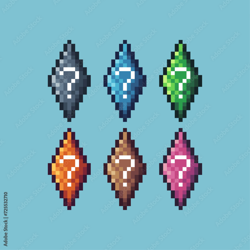 Poster pixel art sets icon of question stone variation color.question icon on pixelated style. 8bits perfec