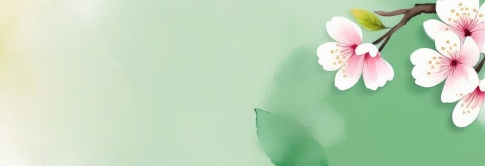 Sakura flowers on a green background watercolor. Banner. Space for text, free space. A spring postcard.