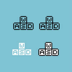Pixel art outline sets icon of wasd keyboard variation color. Main key icon on pixelated style. 8bits perfect for game asset or design asset element for your game design. Simple pixel art icon asset.