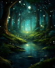Fantasy landscape with forest, stream and moon - illustration for children