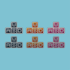 Pixel art stroke sets icon of wasd keyboard variation color. Main key icon on pixelated style. 8bits perfect for game asset or design asset element for your game design. Simple pixel art icon asset.