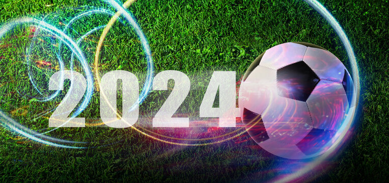 Soccer Football Fussball will be played with dynamic light waves across the pitch in a stadium with an audience at the 2024 European Championship cup. Olympia.