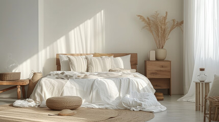 a simple white bedroom with wooden furniture and pillows,luxury apartment suite lounge, 