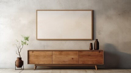 Wooden cabinet, dresser against concrete wall with empty blank mock up poster frame with copy space. Rustic home interior design of modern living room
