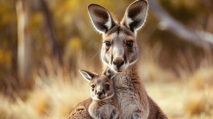 Fototapeta premium Kangaroo with baby on natural background. 