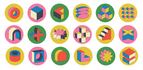 Fototapeta premium Playful retro sticker with isometric figures. Set of geometric brutal shape. Vector illustration with abstract elements. Minimalistic circle ikon