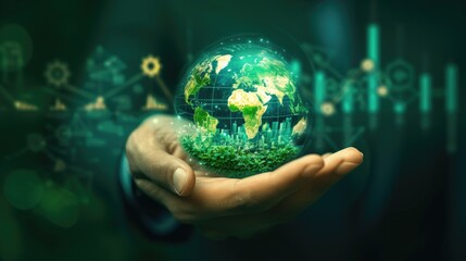 Detailed view of a hand illustrating a green investment strategy, with global economic indicators surrounding - obrazy, fototapety, plakaty