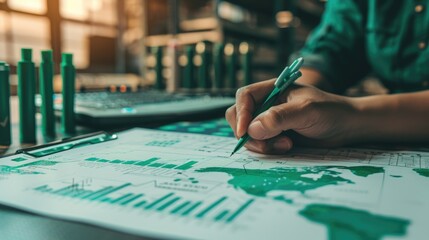 Detailed view of a hand outlining a green supply chain on a paper, with a world map in the background - obrazy, fototapety, plakaty