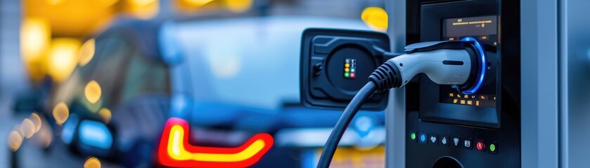 Detailed view of an electric vehicle charging station with a digital display showing environmental impact savings