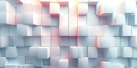 Abstract geometric white bright 3d texture wall with squares and square cubes background banner illustration with glowing lights, textured wallpaper, Generative AI 