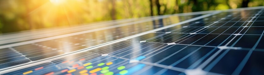 Macro shot of a solar panel surface with financial reports on green investments beside it