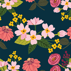Seamless pattern of flowers, Dark blue tone background, Modern floral pattern, Vintage floral background, Pattern for design wallpaper, Floral print design, Gift wrap paper and fashion prints.