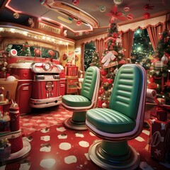 Christmas decoration in the barber shop. Retro style toned image