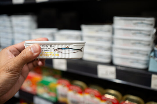 PENANG, MALAYSIA - MAY 30, 2023: Hand holding can of Essential Waitrose & Partners brand Sardines with grocery store shelves background
