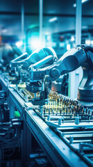 Robotic arm production line. Industrial robot arm production line. Automation manufacturing concept . - obrazy, fototapety, plakaty