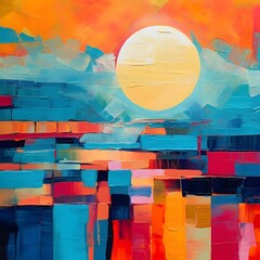 Abstract oil painting with sun and blue, red and orange colors.