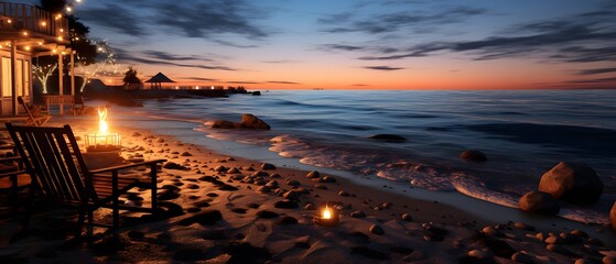 Beautiful sunset on the beach. Panoramic image of a beach at sunset.