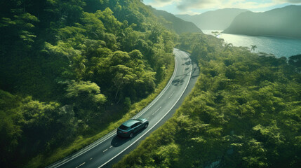 Aerial view of car on the road in green forest with mountain background