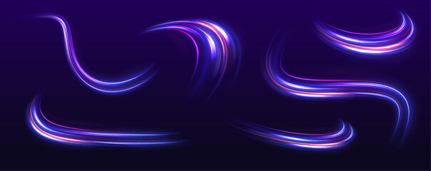 	
High-speed light line in the form of a road and a highway in a night city. Neon stripes in the form of drill, turns and swirl. Speed of light concept background.	
