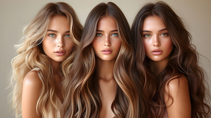 Three beautiful young women with long wavy hair. Beauty, fashion.
