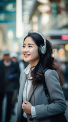 Young chinese businesswoman listening to music with earphones in the city