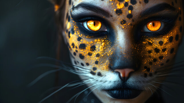 Close-up portrait of a beautiful leopard woman with creative make-up. She has beautiful eyes. Her face is feminine and beautiful.