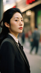 Portrait of a young businesswoman standing in the street at night