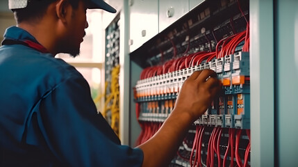 electrician repairing electrical box with pliers in corridor,  Installation in HiTech factory, electrician engineer worker, High power electricity poles, High voltage post or High voltage, ai generate