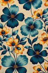 Fotobehang Vintage Floral Pattern,  Vintage Retro color themed Flowers and Leaves Design Pattern © Pixels 