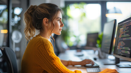 Female Programmer Coding on Desktop Computer in Office