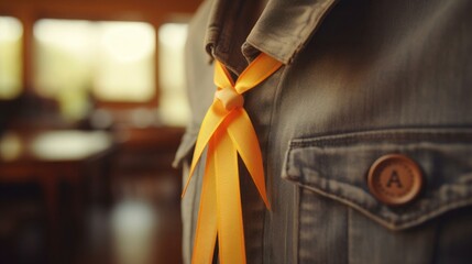 single awareness ribbon gently pinned to a jacket on World Cancer Day - obrazy, fototapety, plakaty