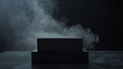 empty round black podium with smoke on dark background,