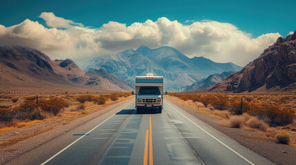 Embark on an RV adventure with this captivating image of a recreational vehicle on the road, framed by majestic mountains in the background. The scene captures the spirit of travel, exploration, and t - obrazy, fototapety, plakaty