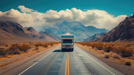 Abwaschbare Fototapete Embark on an RV adventure with this captivating image of a recreational vehicle on the road, framed by majestic mountains in the background. The scene captures the spirit of travel, exploration, and t © Planetz
