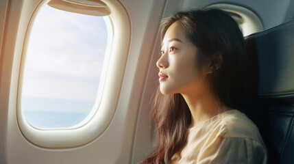 Fototapeta premium Beautiful asian woman traveling by airplane, looking at window .