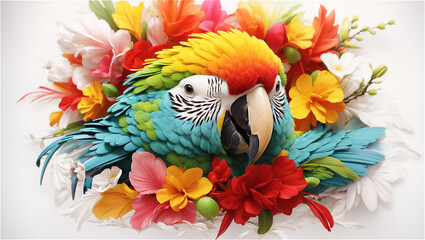 Fototapeta premium Colorful Macaw Parrots Surrounded by Vibrant Tropical Flowers on a White Background
