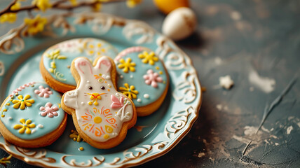 Fototapeta na wymiar Sweet delicious Easter cookies in the shape of a bunny with glaze and a beautiful pattern, on a decorative plate, top view