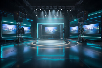 3D rendering, interior of the news show room with stage and lighting - obrazy, fototapety, plakaty