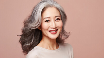 Fototapeta premium Portrait of a beautiful asian woman with long gray hair on pink background