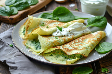 Savory Crepes with spinach and cream, food photography. Delicious fresh pancakes with spinach, cream cheese. The combination of homemade spinach in savory crepes.