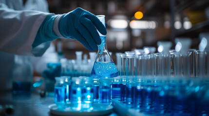 In the lab, a scientist studies a blue substance, driving medical breakthroughs for pharmaceuticals...